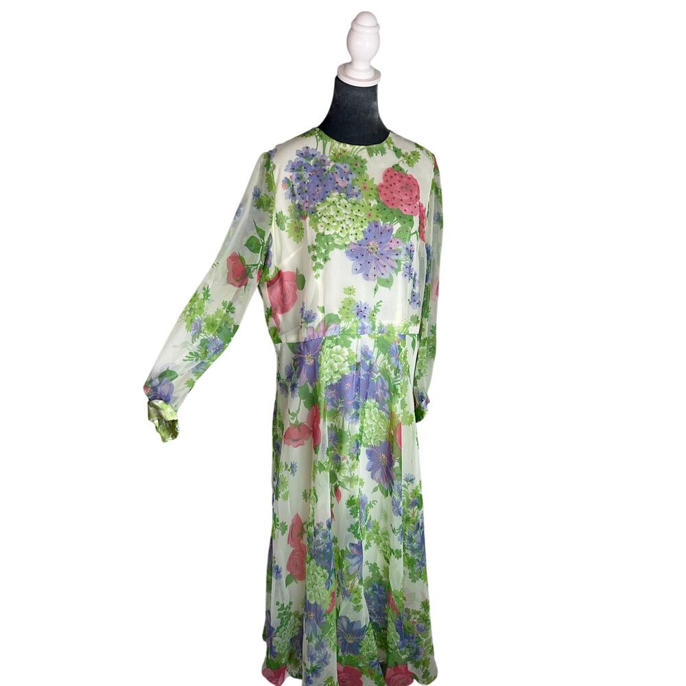 70s- Union Made - Maxi Long Sleeve Gown- pink purple flowers- rhinestones sipper